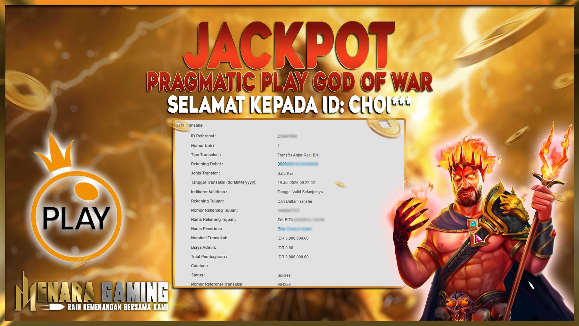 MENARAGAMING JACKPOT PRAGMATIC PLAY GOD OF WAR Rp. 3.000.000,- LUNAS