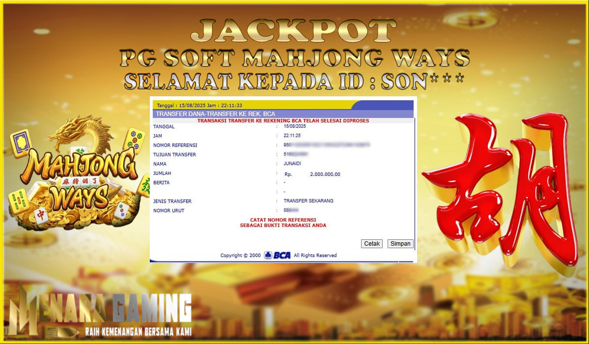 MENARAGAMING JACKPOT PG SOFT MAHJONG WAYS Rp. 2.000.000,- LUNAS