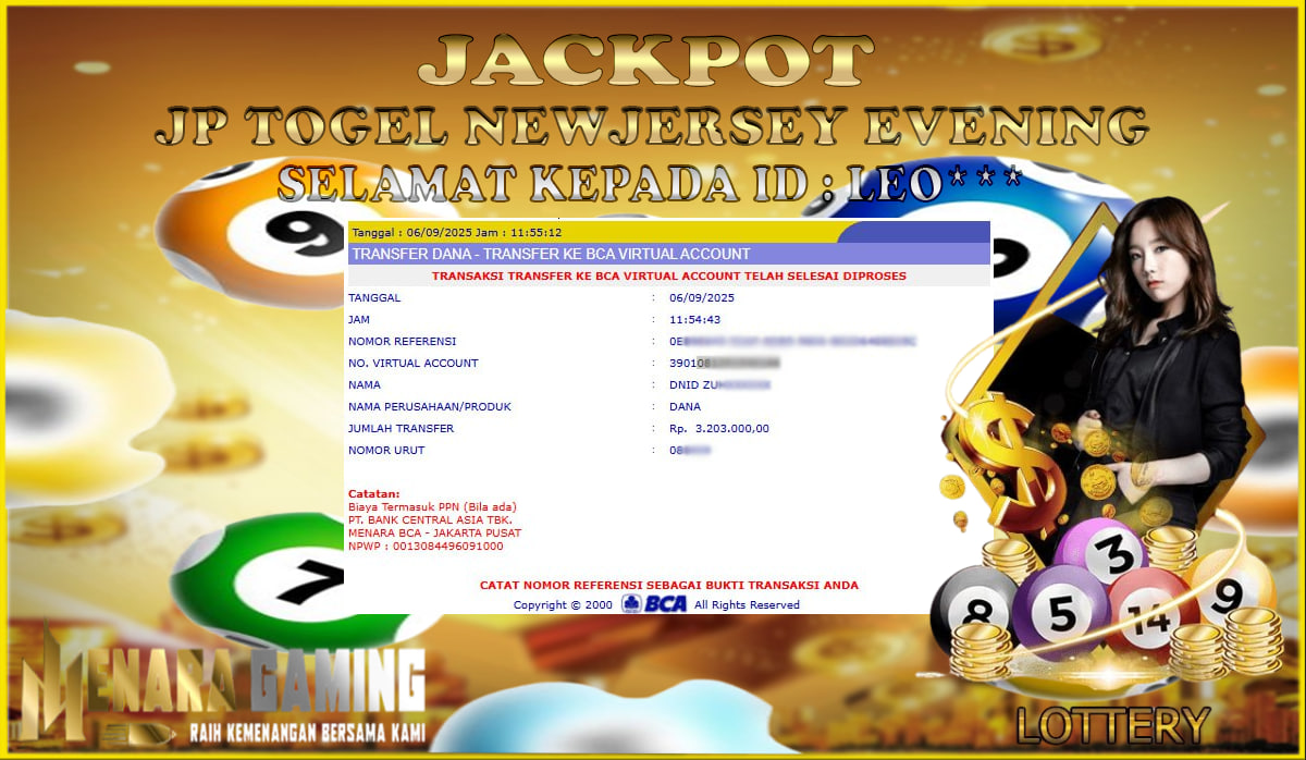 MENARAGAMING JACKPOT TOGEL NEW JERSEY EVENING Rp. 3.000.000,- LUNAS