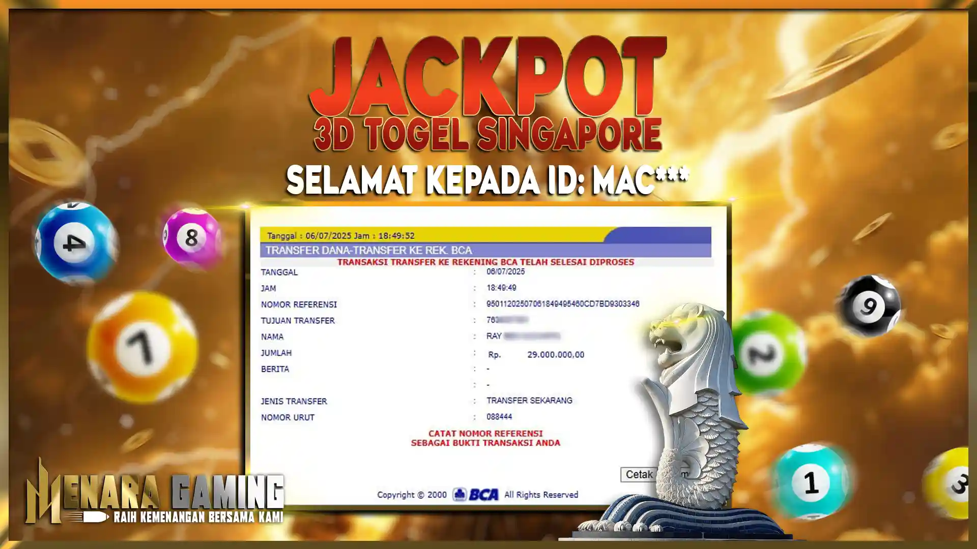 MENARAGAMING JACKPOT TOGEL SINGAPORE  Rp. 29.000.000,- LUNAS