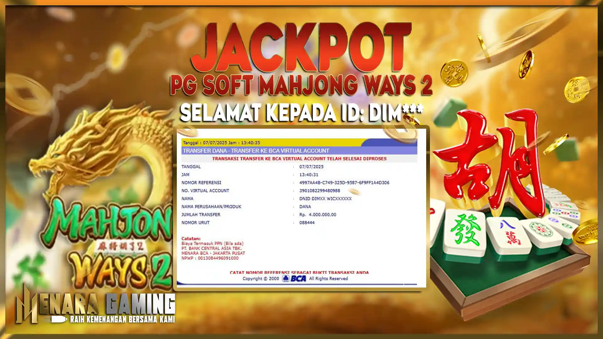 MENARAGAMING JACKPOT PG SOFT MAHJONG WAYS 2 Rp. 4.000.000,- LUNAS