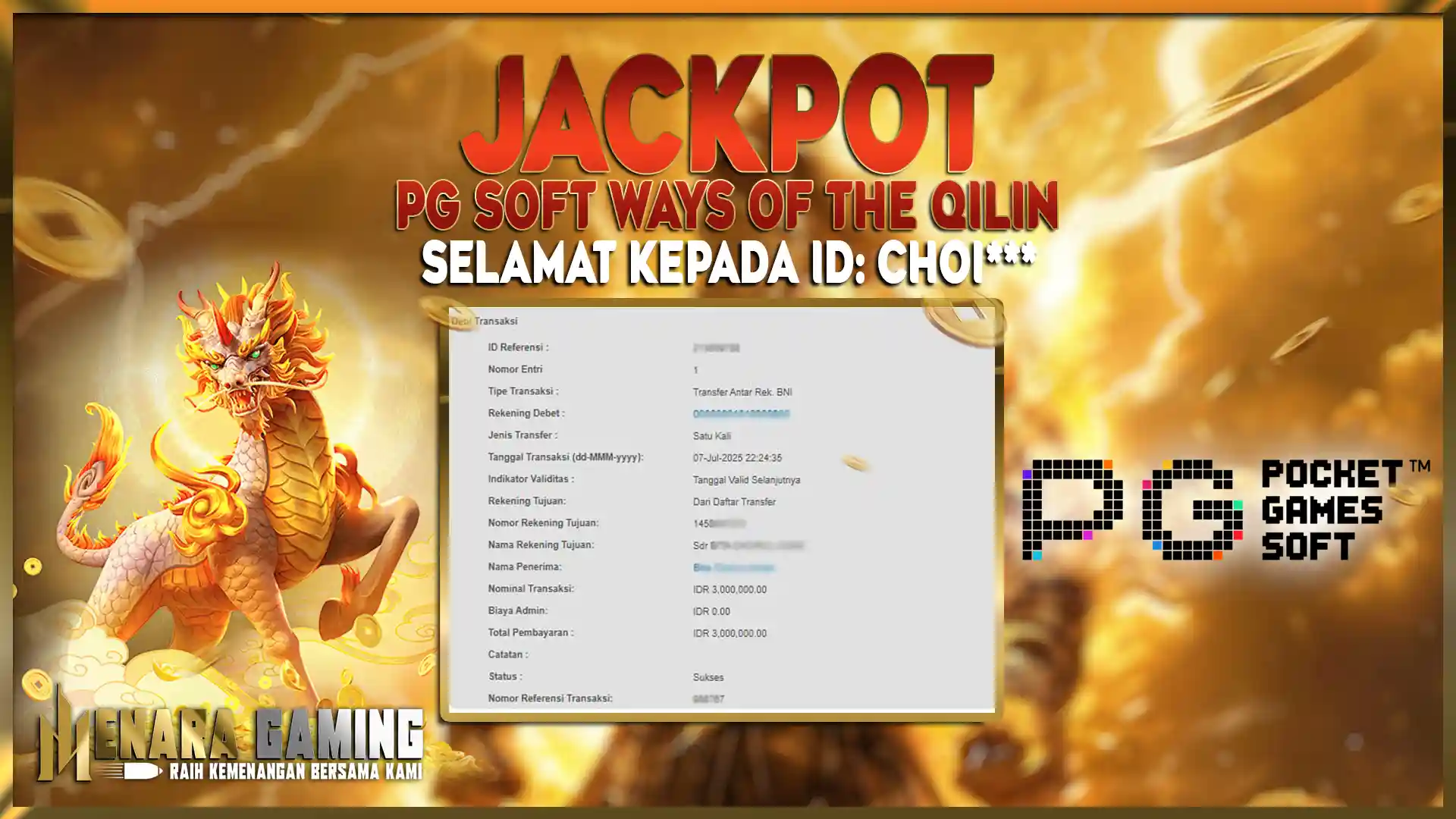 MENARAGAMING JACKPOT PG SOFT WAYS OF THE QILIN Rp. 3.000.000,- LUNAS