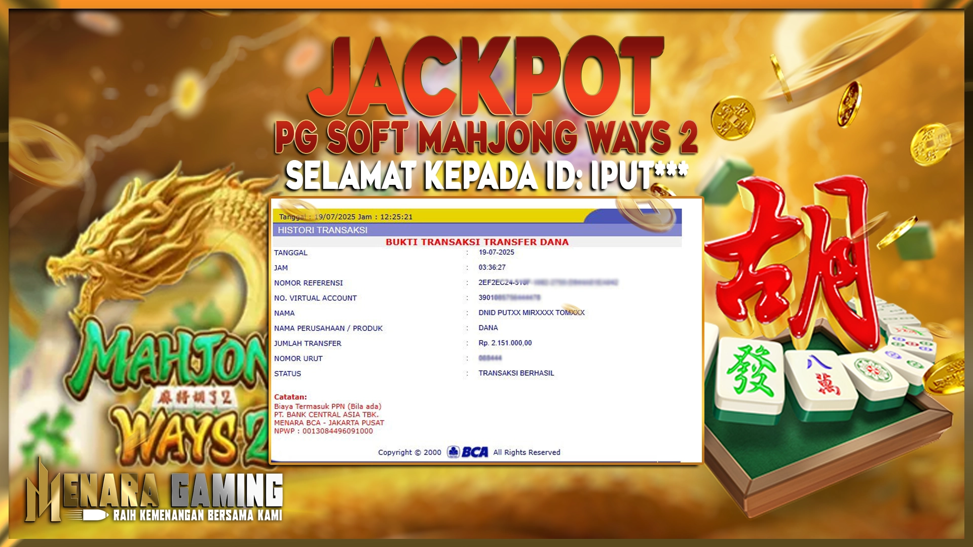 MENARAGAMING JACKPOT PG SOFT MAHJONG WAYS 2 Rp. 2.151.000,- LUNAS