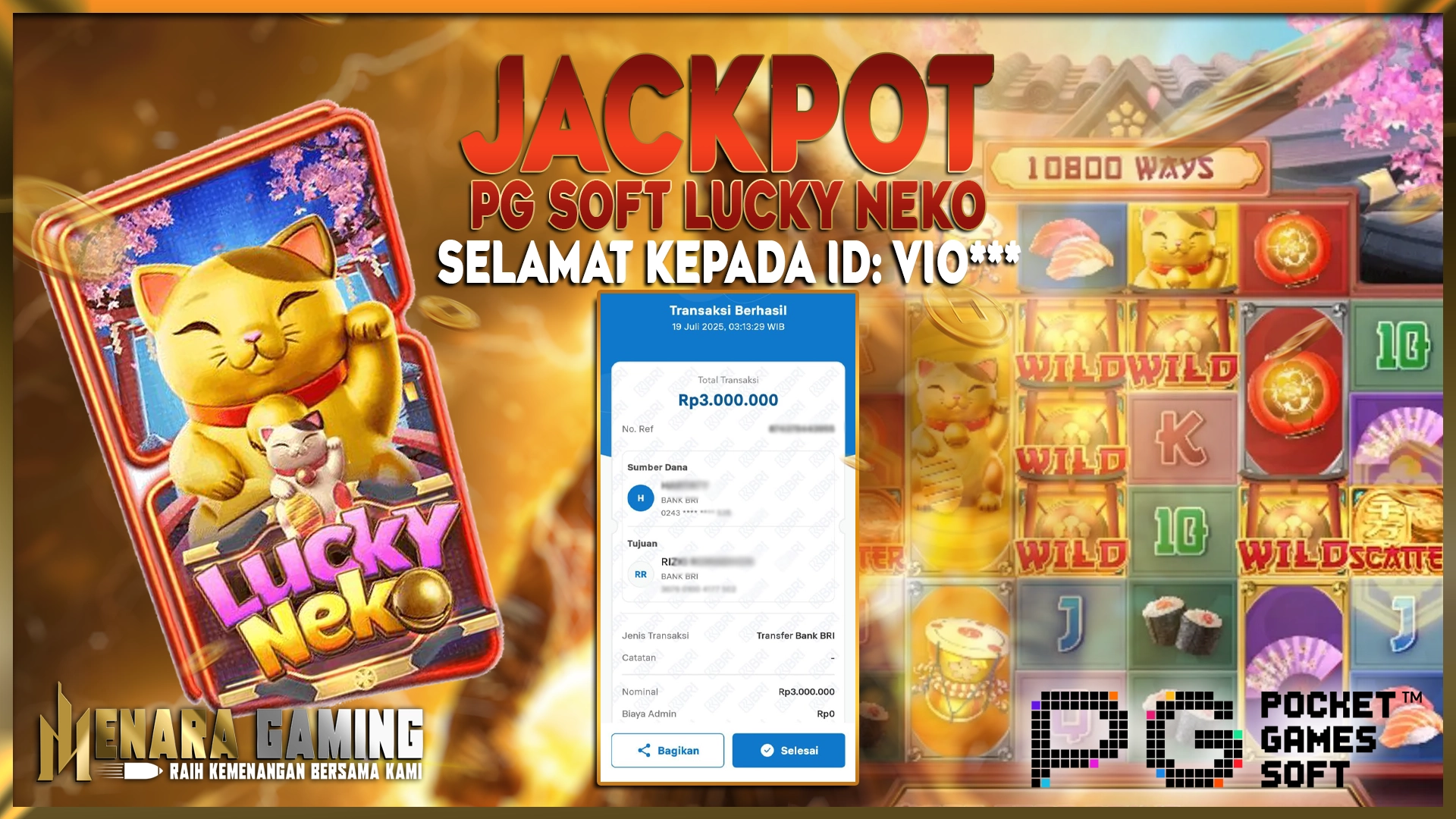 MENARAGAMING JACKPOT PG SOFT LUCKY NEKO Rp. 3.000.000,- LUNAS