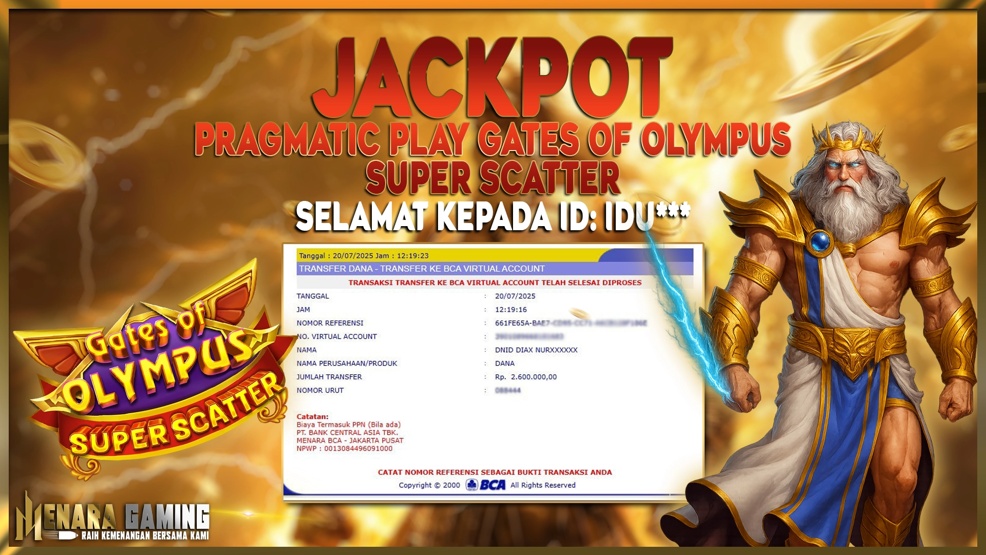 MENARAGAMING JACKPOT PRAGMATIC PLAY GATES OF OLYMPUS SUPER SCATTER Rp. 2.600.000,- LUNAS