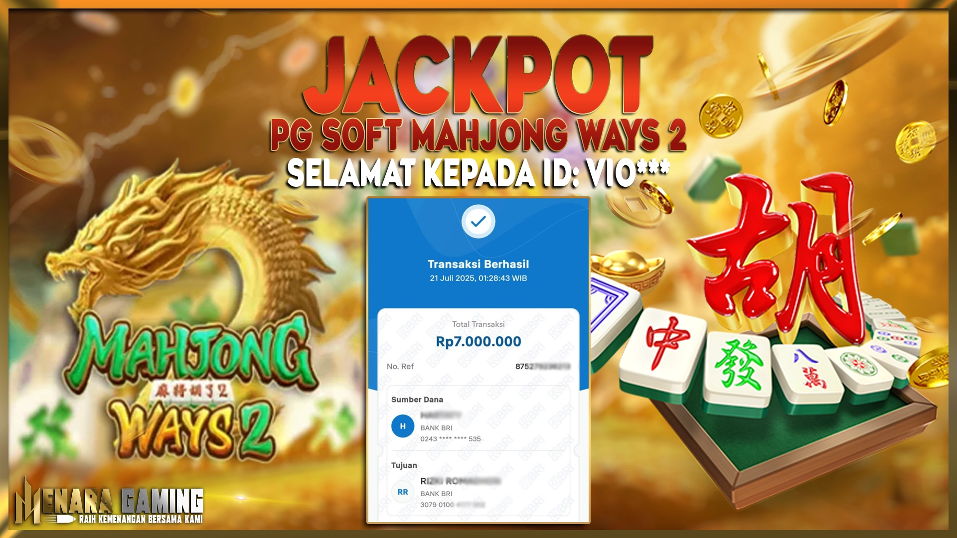MENARAGAMING JACKPOT PG SOFT MAHJONG WAYS 2 Rp. 7.000.000,- LUNAS
