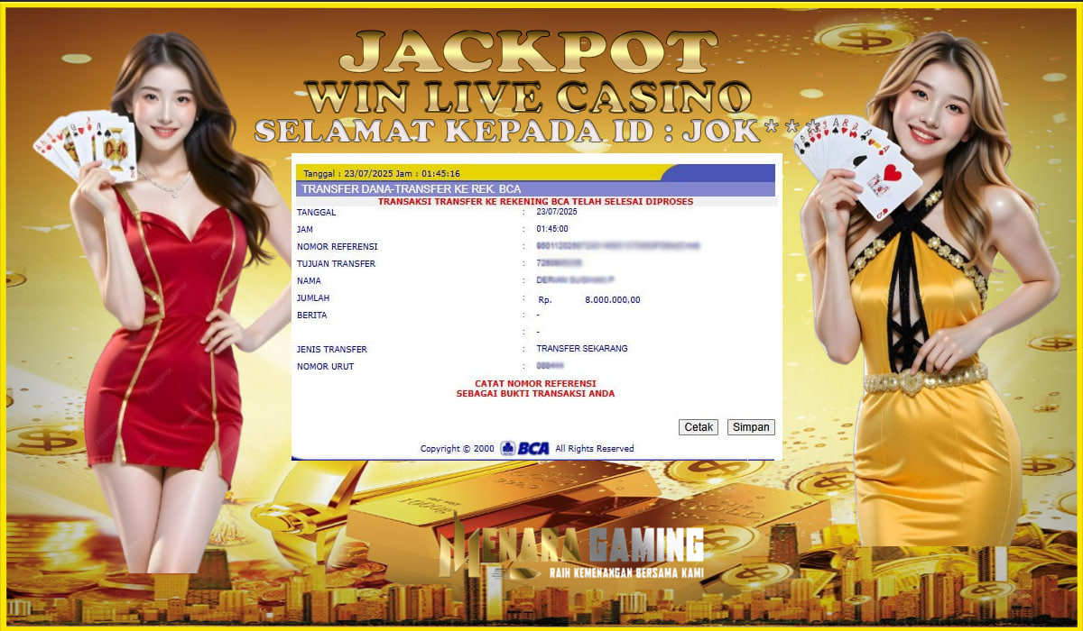 MENARAGAMING JACKPOT LIVE CASINO Rp. 8.000.000,- LUNAS