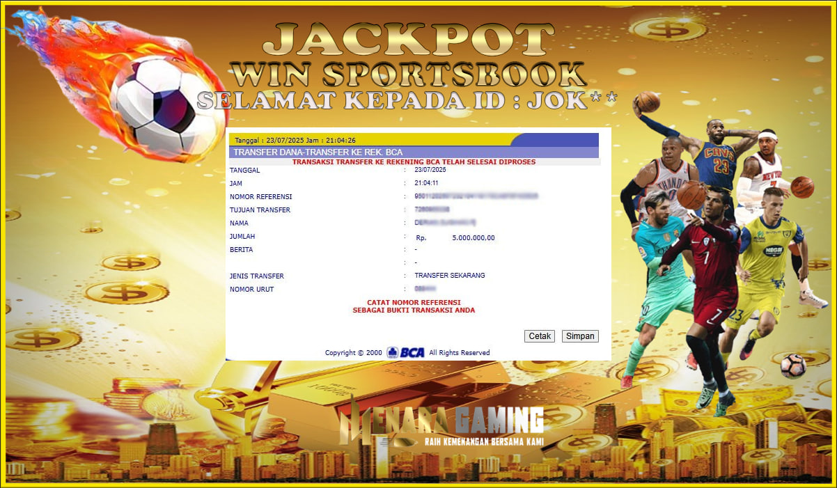 MENARAGAMING JACKPOT SPORTSBOOK Rp. 5.000.000,- LUNAS