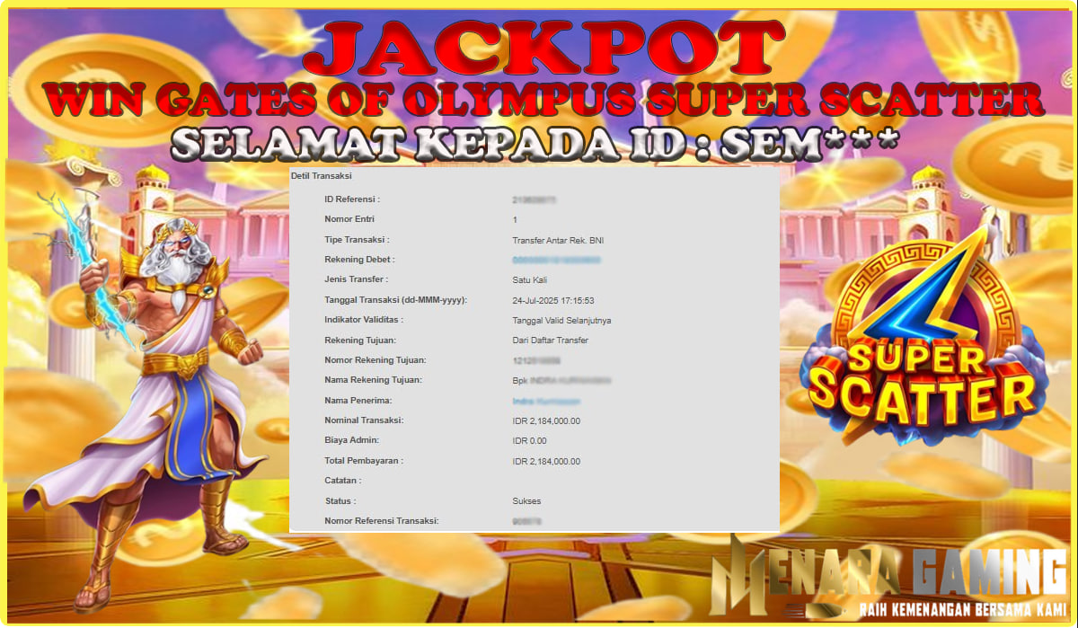 MENARAGAMING JACKPOT PRAGMATIC PLAY GATES OF OLYMPUS SUPER SCATTER Rp. 2.000.000,- LUNAS