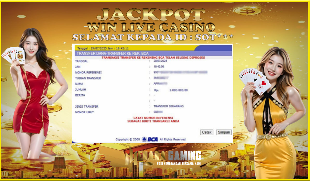 MENARAGAMING JACKPOT LIVE CASINO Rp. 2.000.000,- LUNAS
