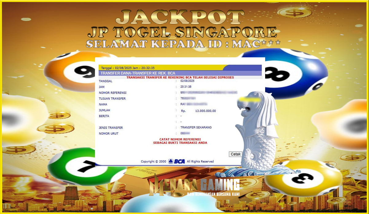 MENARAGAMING JACKPOT TOGEL SINGAPORE Rp. 13.000.000,- LUNAS
