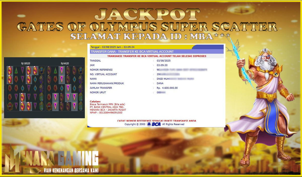 MENARAGAMING JACKPOT PRAGMATIC PLAY GATES OF OLYMPUS SUPER SCATTER  Rp. 4.000.000,- LUNAS