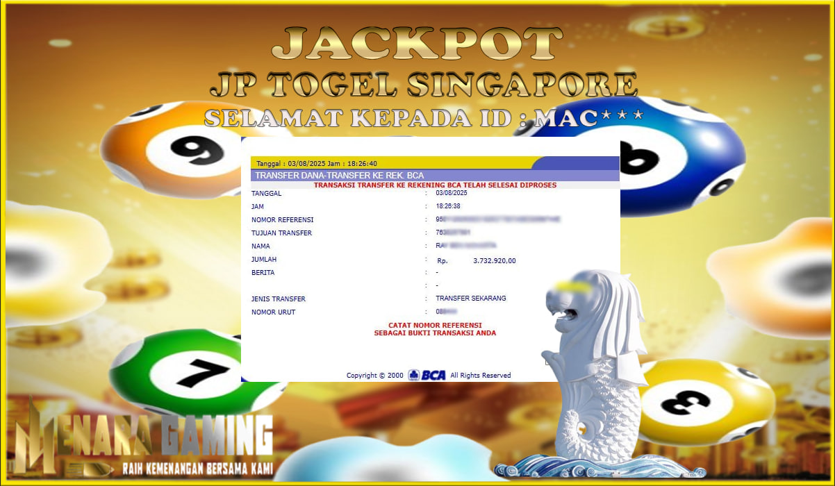 MENARAGAMING JACKPOT TOGEL SINGAPORE Rp. 3.000.000,- LUNAS