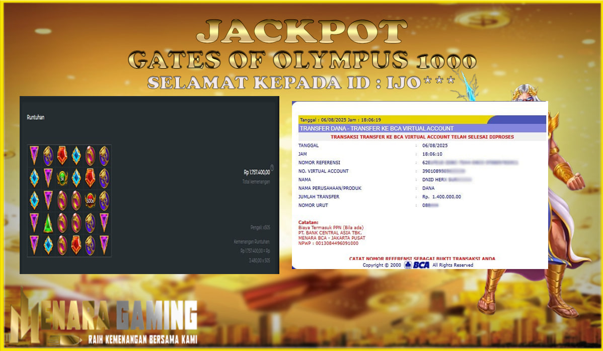 MENARAGAMING JACKPOT PRAGMATIC PLAY GATES OF OLYMPUS 1000 Rp. 1.000.000,- LUNAS