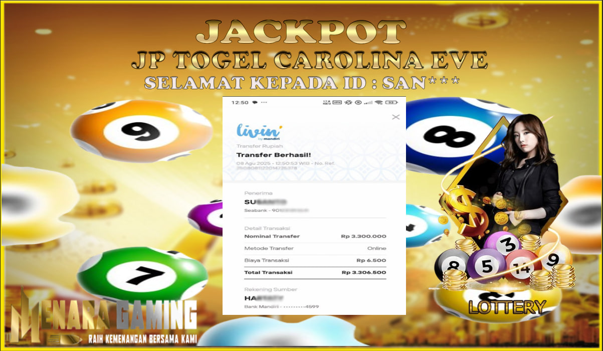 MENARAGAMING JACKPOT TOGEL CAROLINA EVE Rp. 3.000.000,- LUNAS