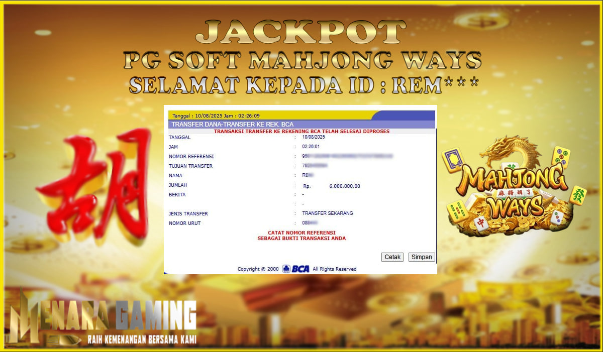 MENARAGAMING JACKPOT PG SOFT MAHJONG WAYS Rp. 6.000.000,- LUNAS