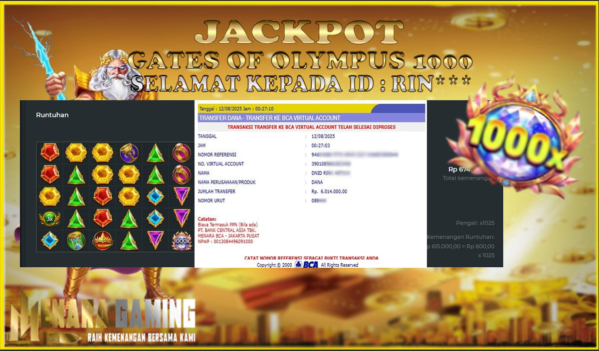 MENARAGAMING JACKPOT PRAGMATIC PLAY GATES OF OLYMPUS 1000 Rp. 6.000.000,- LUNAS