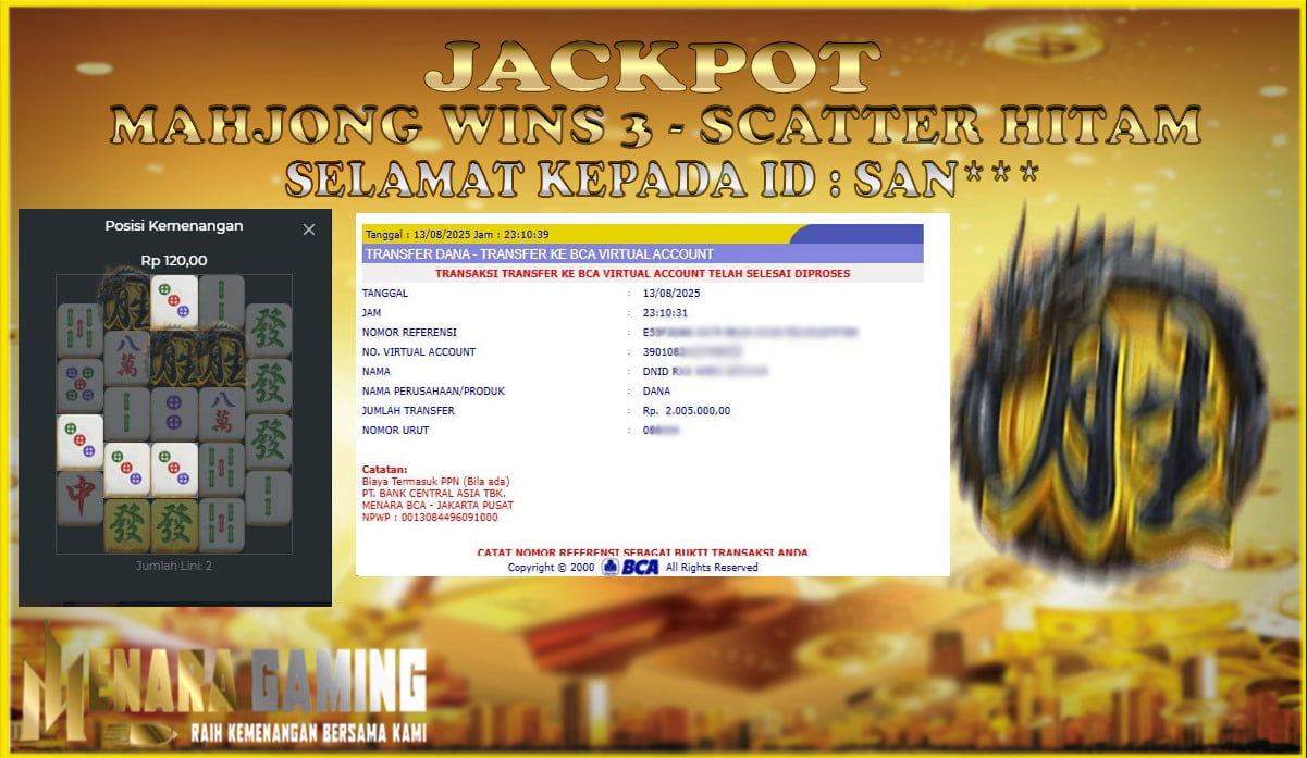 MENARAGAMING JACKPOT PRAGMATIC PLAY MAHJONG WINS 3 - SCATTER HITAM Rp. 2.000.000,- LUNAS