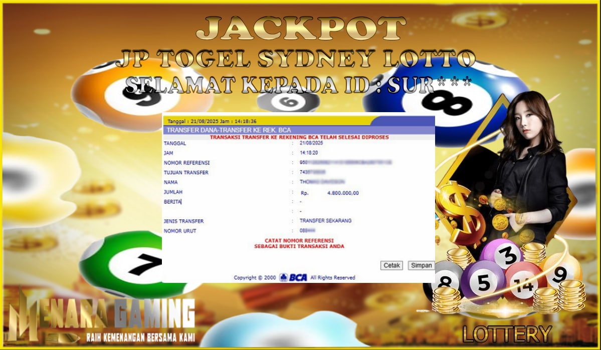MENARAGAMING JACKPOT TOGEL SYDNEY LOTTO Rp. 4.000.000,- LUNAS