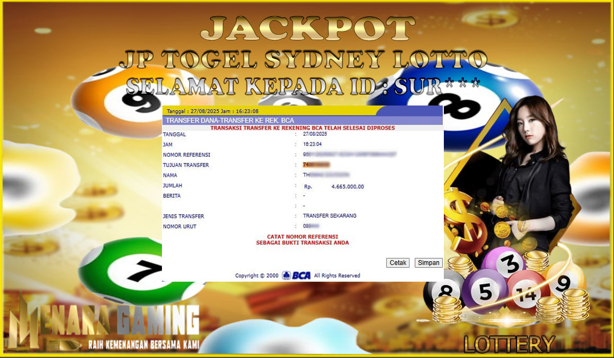MENARAGAMING JACKPOT TOGEL SYDNEY LOTTO Rp. 4.000.000,- LUNAS