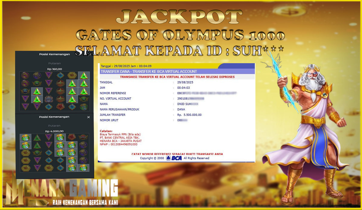 MENARAGAMING JACKPOT PRAGMATIC PLAY GATES OF OLYMPUS 1000 Rp. 5.000.000,- LUNAS