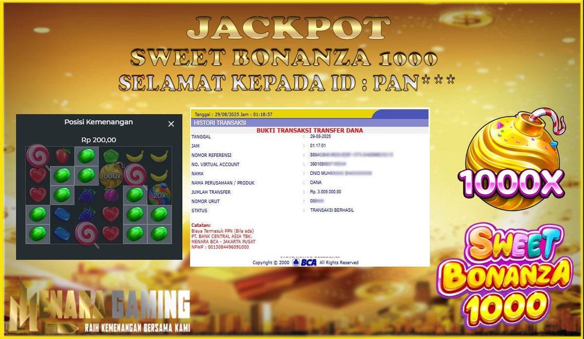 MENARAGAMING JACKPOT PRAGMATIC PLAY SWEET BONANZA 1000 Rp. 3.000.000,- LUNAS