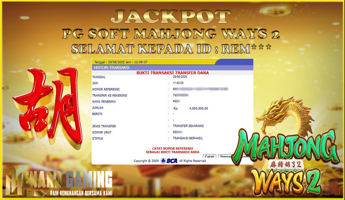 MENARAGAMING JACKPOT PG SOFT MAHJONG WAYS 2 Rp. 4.000.000,- LUNAS