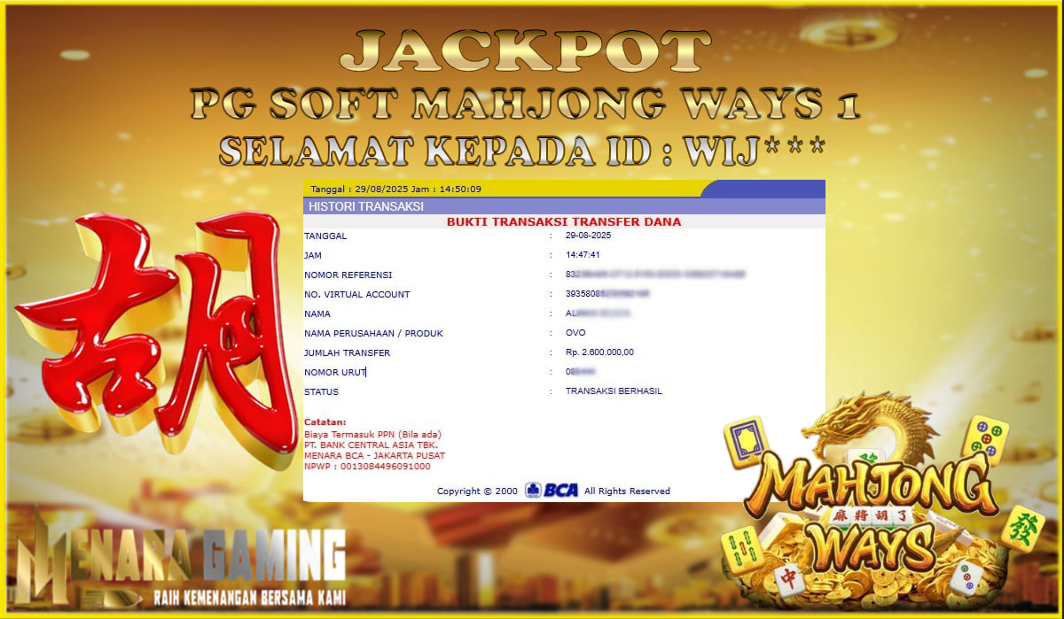 MENARAGAMING JACKPOT PG SOFT MAHJONG WAYS Rp. 2.000.000,- LUNAS
