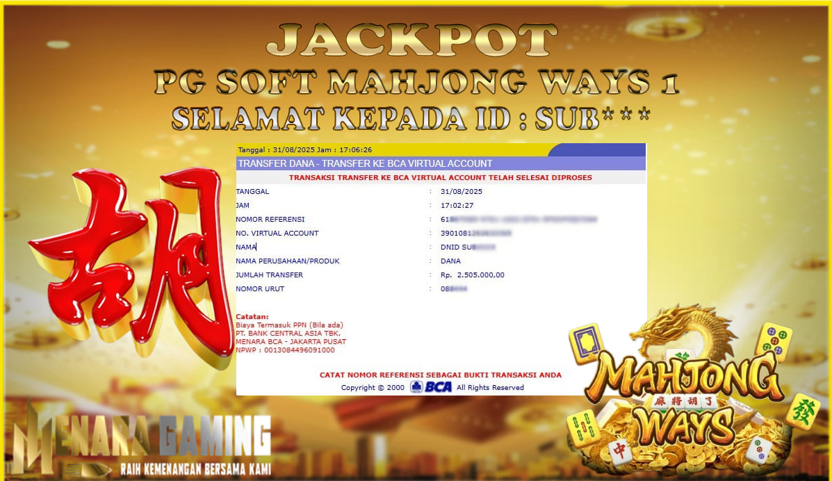 MENARAGAMING JACKPOT PG SOFT MAHJONG WAYS Rp. 2.000.000,- LUNAS