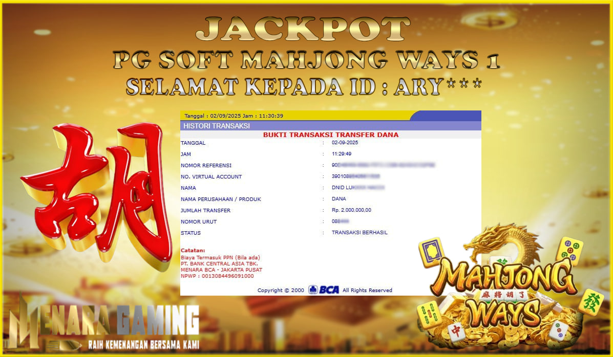 MENARAGAMING JACKPOT PG SOFT MAHJONG WAYS Rp. 2.000.000,- LUNAS