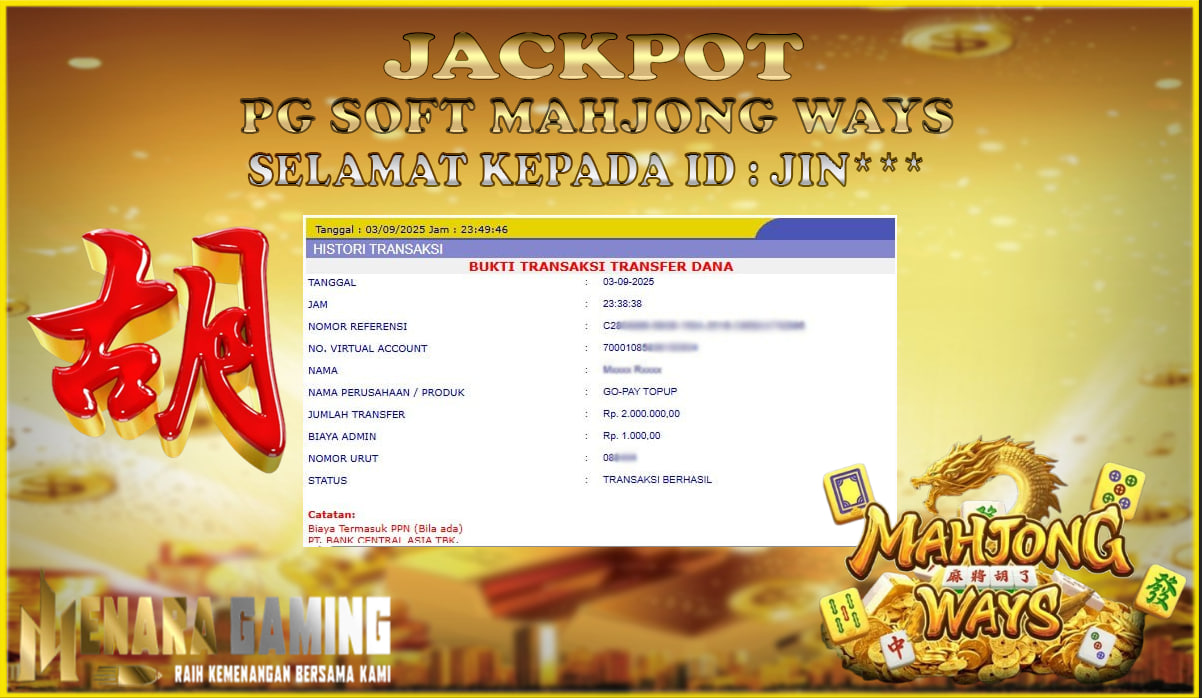 MENARAGAMING JACKPOT PG SOFT MAHJONG WAYS Rp. 2.000.000,- LUNAS
