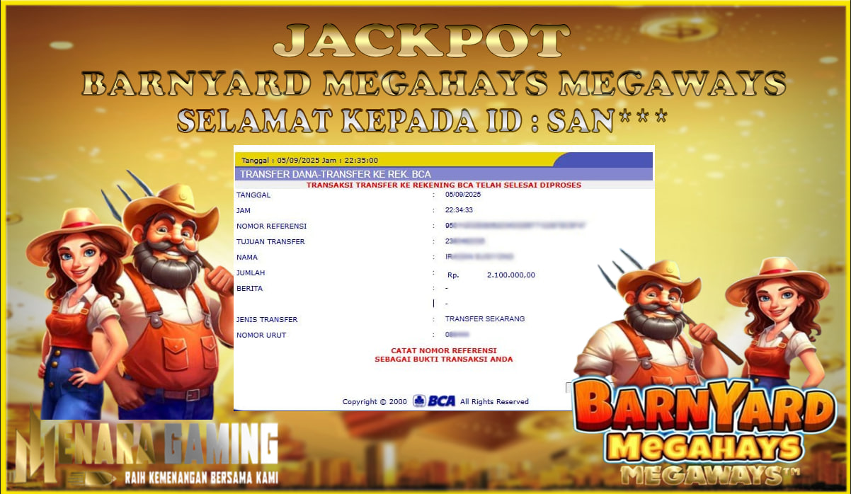 MENARAGAMING JACKPOT PRAGMATIC PLAY BARNYARD MEGAHAYS MEGAWAYS Rp. 2.000.000,- LUNAS
