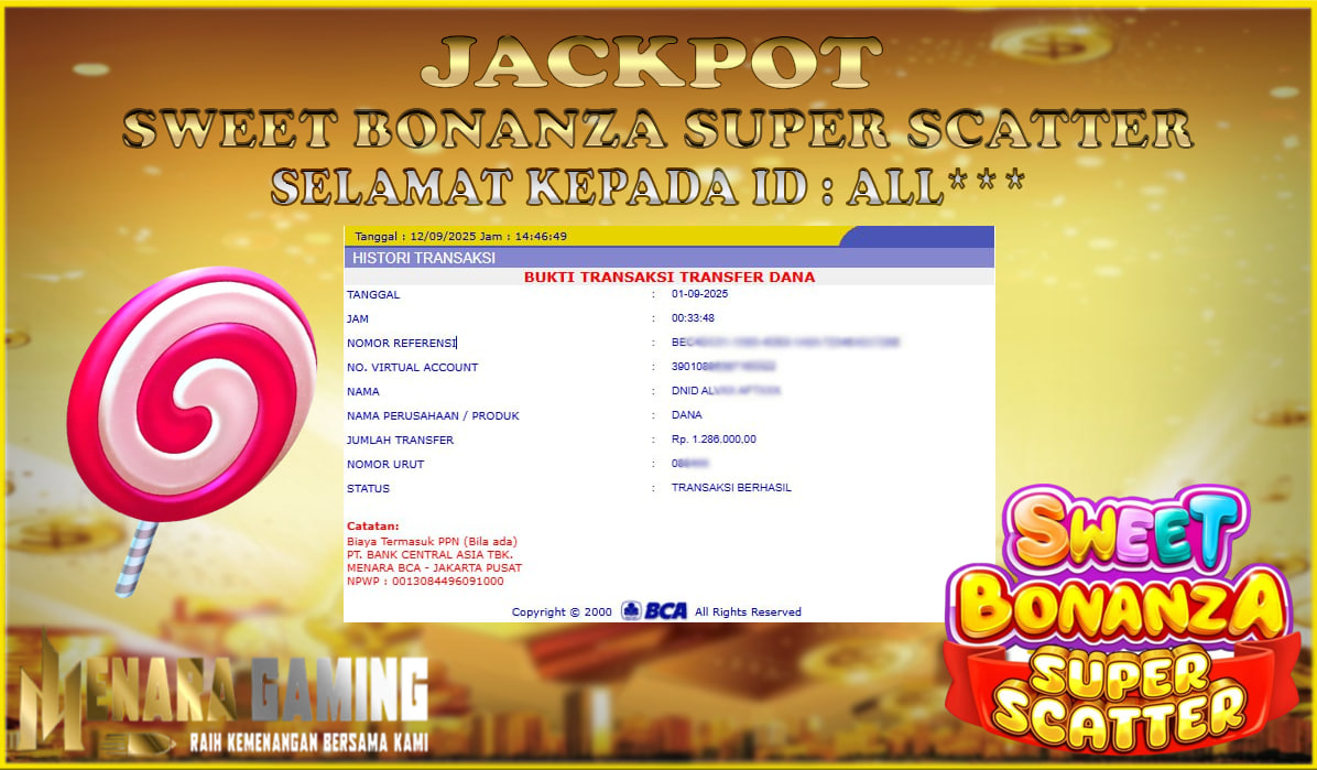 MENARAGAMING JACKPOT PRAGMATIC PLAY SWEET BONANZA SUPER SCATTER Rp. 1.000.000,- LUNAS