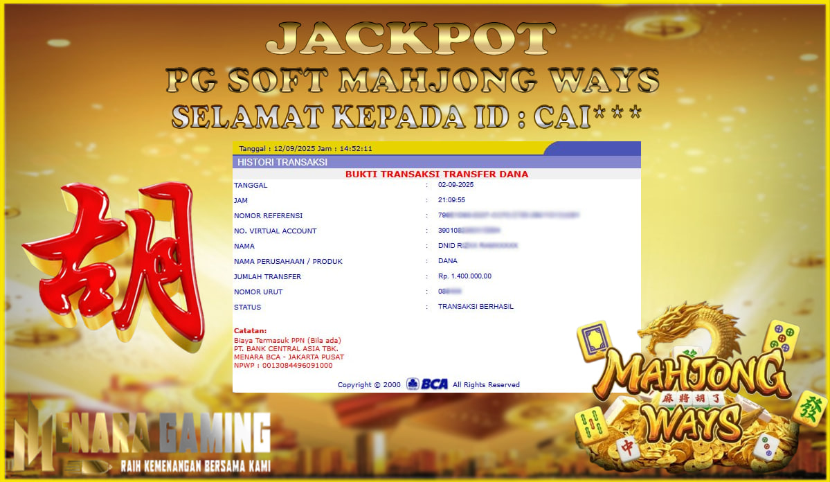 MENARAGAMING JACKPOT PG SOFT MAHJONG WAYS Rp. 1.000.000,- LUNAS