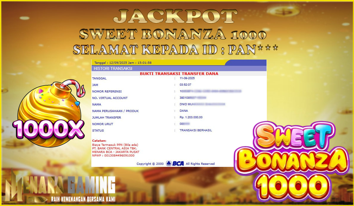 MENARAGAMING JACKPOT PRAGMATIC PLAY SWEET BONANZA 1000 Rp. 1.000.000,- LUNAS