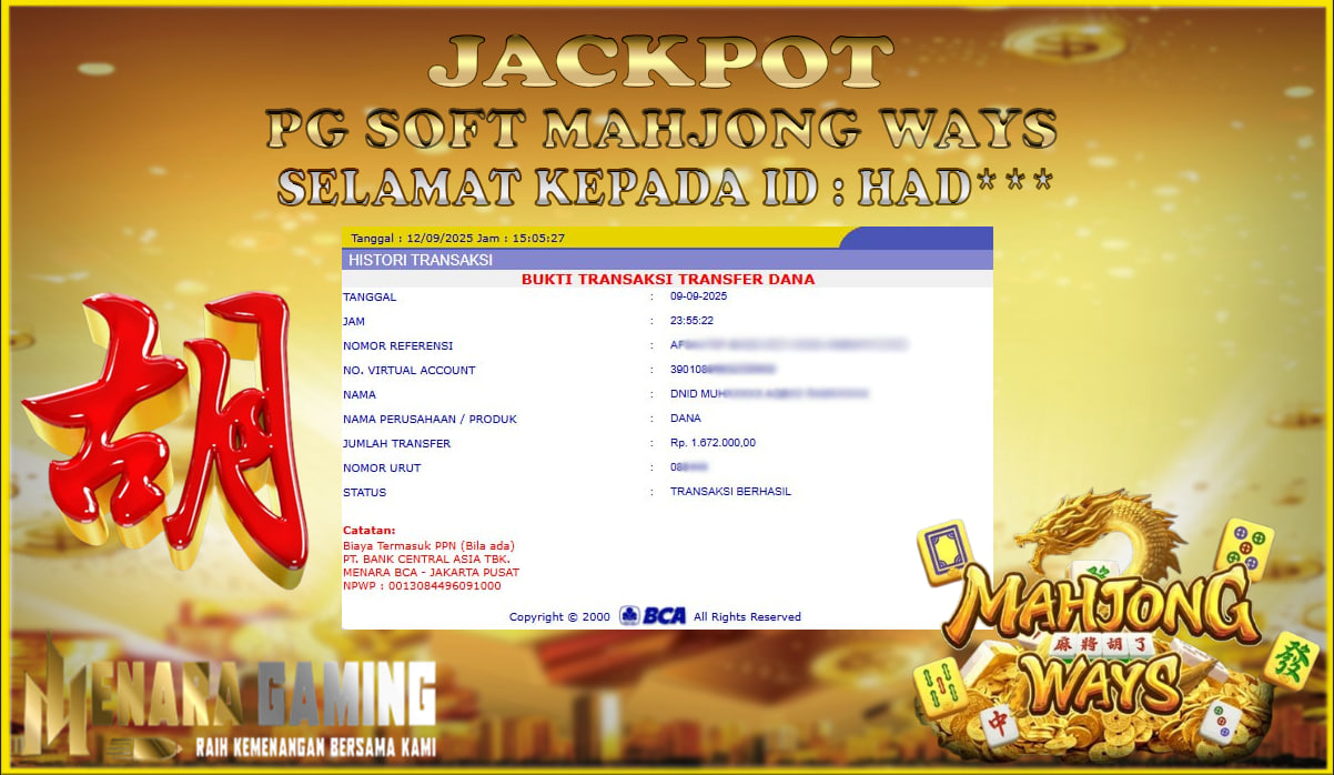MENARAGAMING JACKPOT PG SOFT MAHJONG WAYS Rp. 1.000.000,- LUNAS