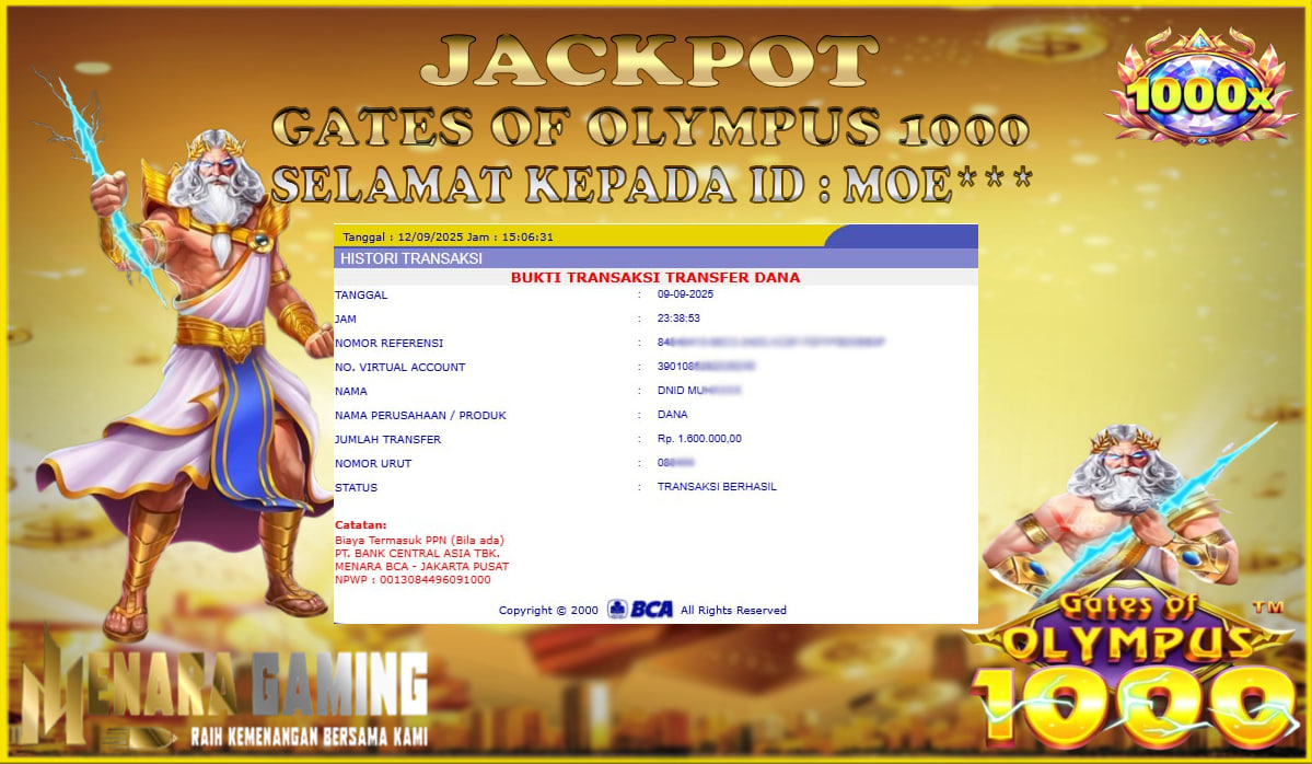MENARAGAMING JACKPOT PRAGMATIC PLAY GATES OF OLYMPUS 1000 Rp. 1.000.000,- LUNAS
