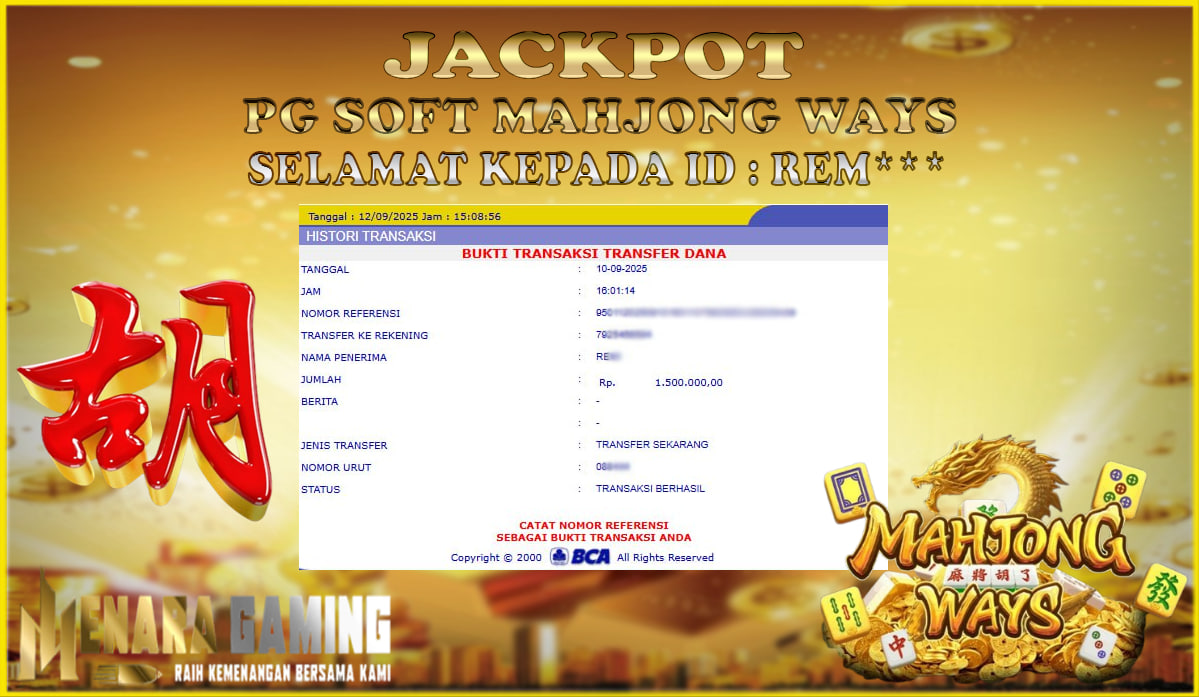 MENARAGAMING JACKPOT PG SOFT MAHJONG WAYS Rp. 1.000.000,- LUNAS