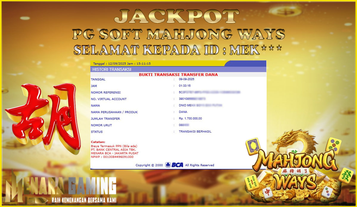 MENARAGAMING JACKPOT PG SOFT MAHJONG WAYS Rp. 1.000.000,- LUNAS