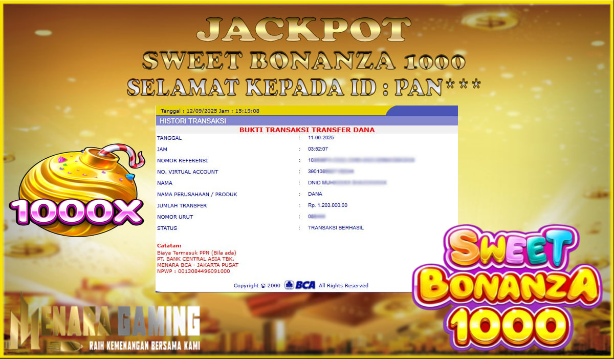 MENARAGAMING JACKPOT PRAGMATIC PLAY SWEET BONANZA 1000 Rp. 1.000.000,- LUNAS