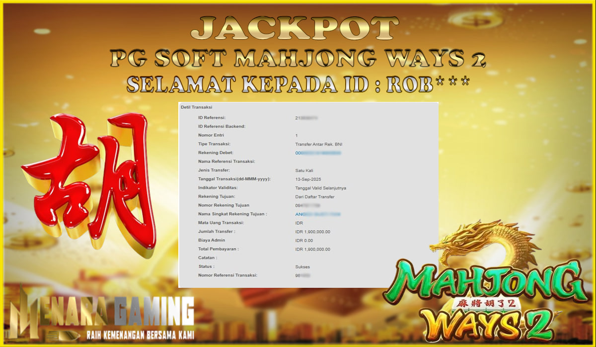 MENARAGAMING JACKPOT PG SOFT MAHJONG WAYS 2 Rp. 1.000.000,- LUNAS
