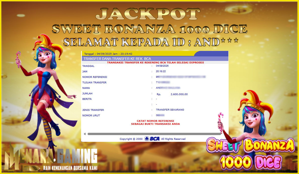 MENARAGAMING JACKPOT PRAGMATIC PLAY SWEET BONANZA 1000 DICE Rp. 2.000.000,- LUNAS