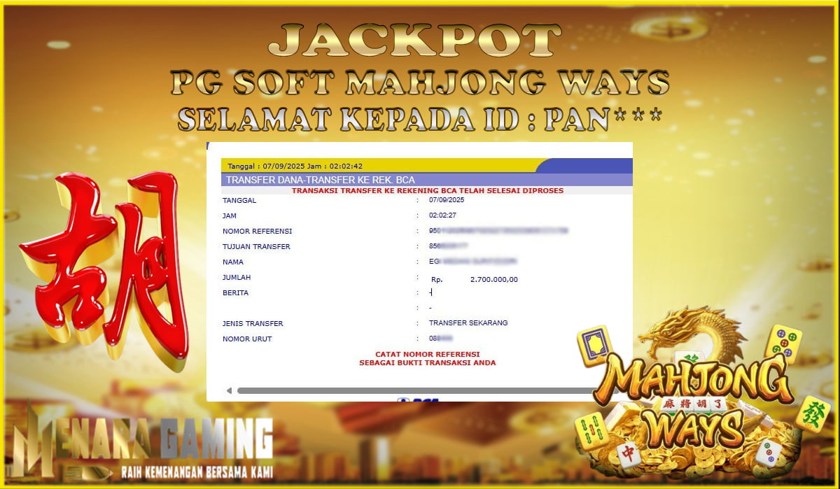 MENARAGAMING JACKPOT PG SOFT MAHJONG WAYS Rp. 2.000.000,- LUNAS