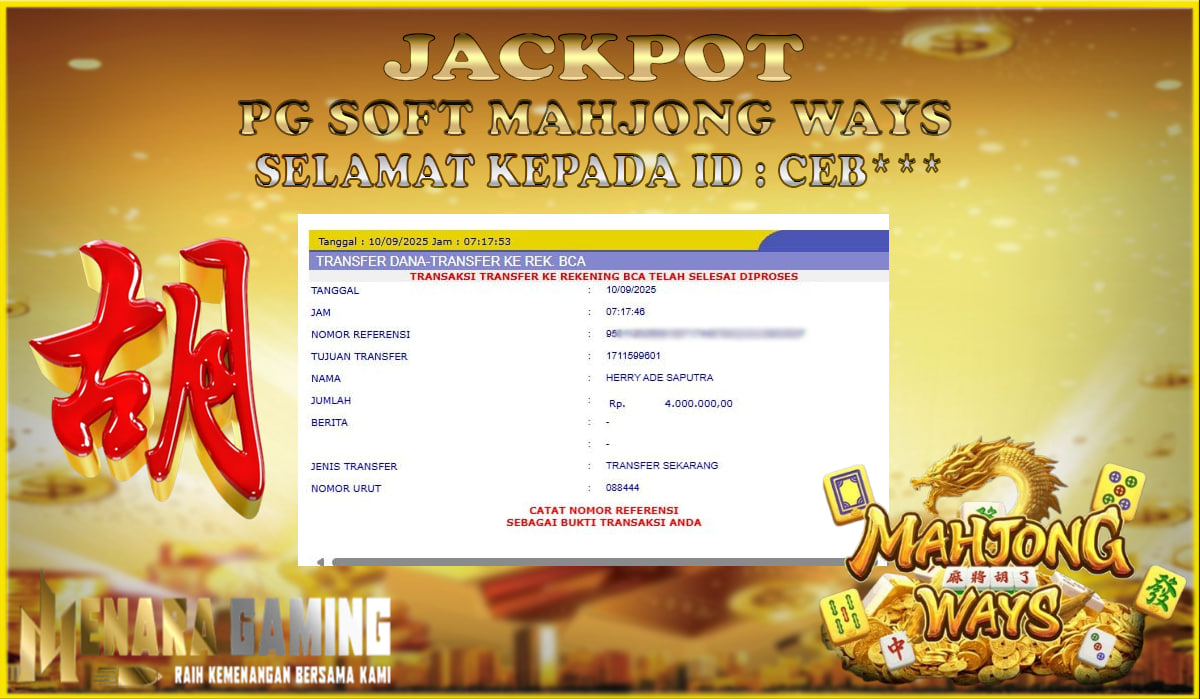 MENARAGAMING JACKPOT PG SOFT MAHJONG WAYS Rp. 4.000.000,- LUNAS