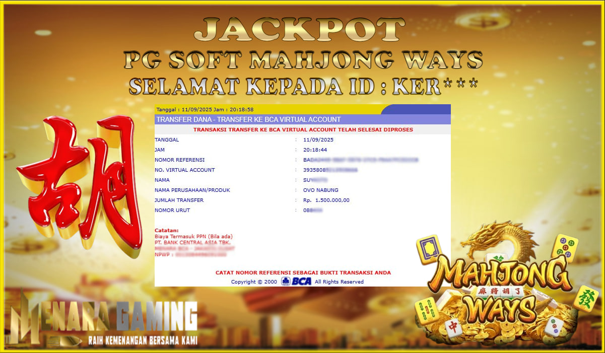 MENARAGAMING JACKPOT PG SOFT MAHJONG WAYS Rp. 1.000.000,- LUNAS