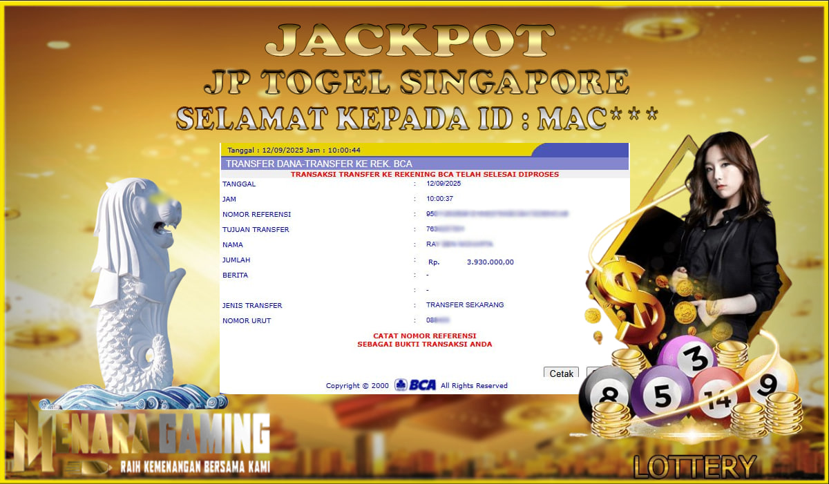 MENARAGAMING JACKPOT TOGEL SINGAPORE Rp. 3.000.000,- LUNAS