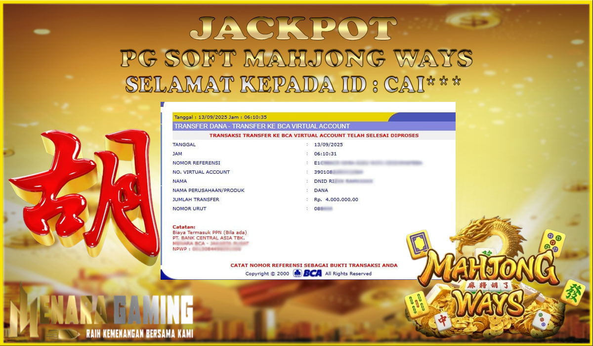 MENARAGAMING JACKPOT PG SOFT MAHJONG WAYS Rp. 4.000.000,- LUNAS