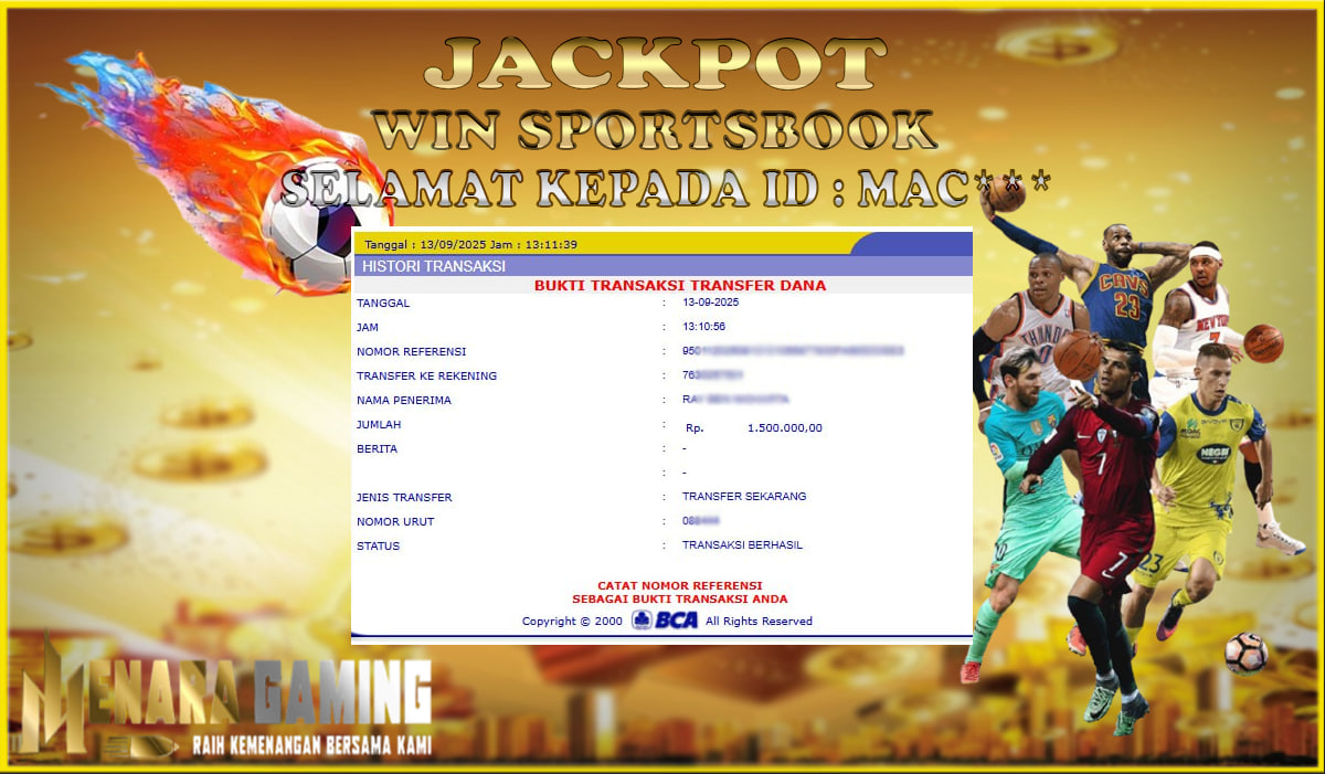 MENARAGAMING JACKPOT SPORTSBOOK Rp. 1.000.000,- LUNAS