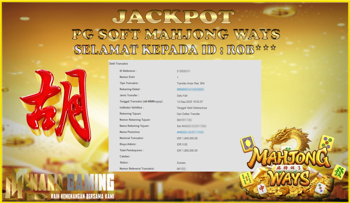 MENARAGAMING JACKPOT PG SOFT MAHJONG WAYS Rp. 1.000.000,- LUNAS