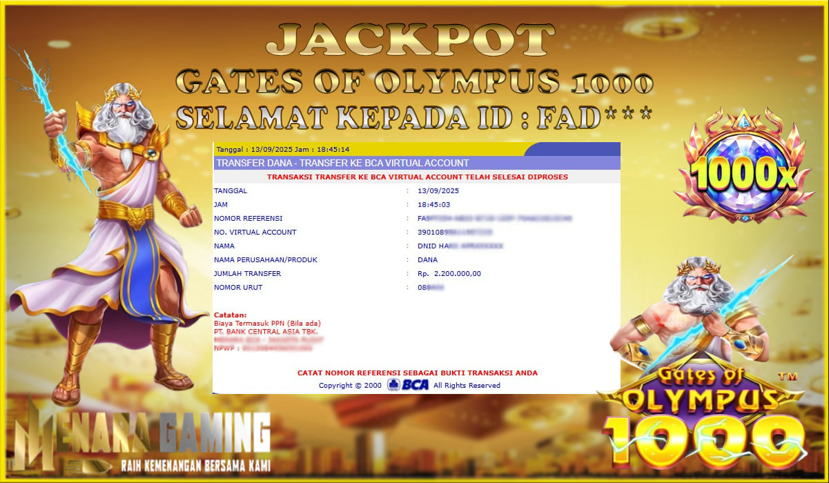 MENARAGAMING JACKPOT PRAGMATIC PLAY GATES OF OLYMPUS 1000 Rp. 2.000.000,- LUNAS